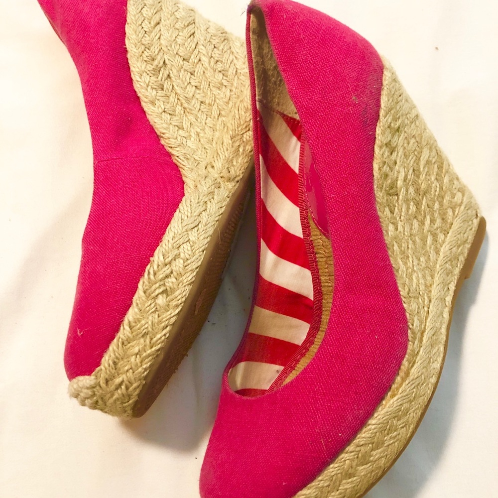 BCBG “Seville” Canvas Espadrille Wedges - Pink 7.5